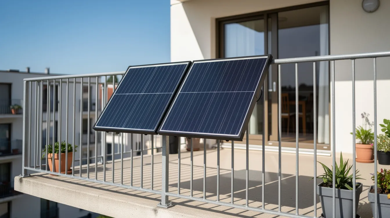 Auf dem Balkon einer Mietwohnung stehen zwei Solarmodule am Metallgeländer, die an einem sonnigen Tag installiert sind. Diese Balkonkraftwerke bieten eine umweltfreundliche Möglichkeit zur Energiegewinnung und tragen zur Nutzung von Photovoltaik-Technologien bei.