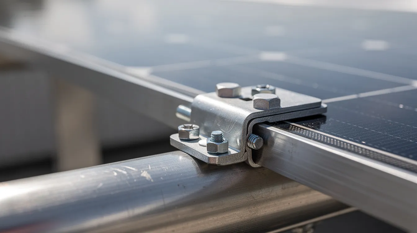 Die Nahaufnahme zeigt Montageklemmen, die Solarmodule sicher an einem Metallgeländer befestigen. Diese Installation ist ein wichtiger Schritt für die Nutzung von Balkonkraftwerken und die effiziente Integration von Photovoltaikanlagen.