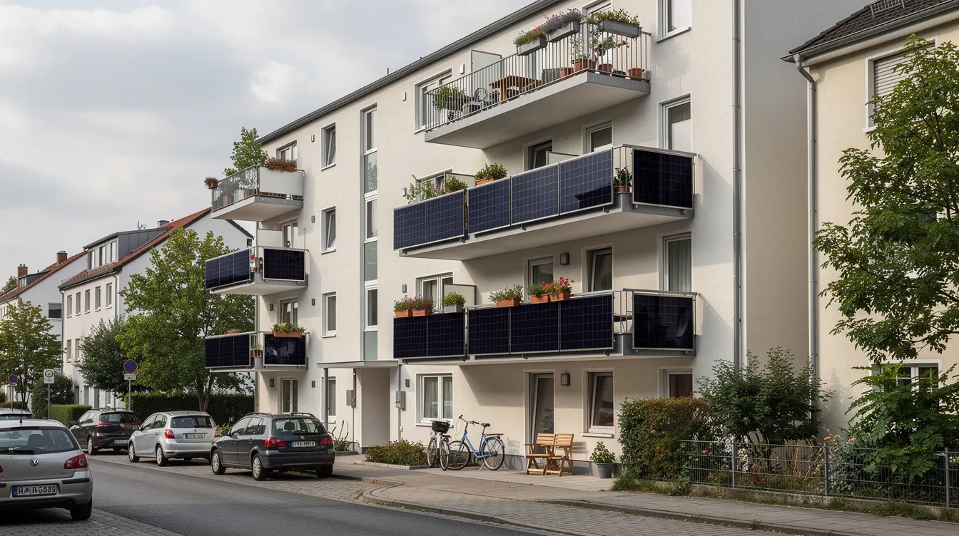 Das Bild zeigt ein Mehrfamilienhaus in einer deutschen Stadt mit mehreren Balkonen, von denen einige mit Solarmodulen ausgestattet sind. Die Photovoltaikanlagen sind bei Tageslicht sichtbar und tragen zur nachhaltigen Energiegewinnung bei, während die Balkone den Bewohnern Privatsphäre bieten.