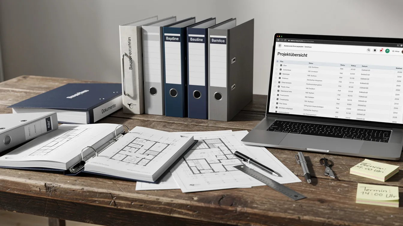 Auf einem Schreibtisch liegen ein Ordner mit Bauplänen und Dokumenten sowie ein Laptop. Diese Materialien sind wichtig für einen Sachverständigen, der Dachschäden begutachtet und Lösungen für Baupfusch im Dachdeckerhandwerk bietet.