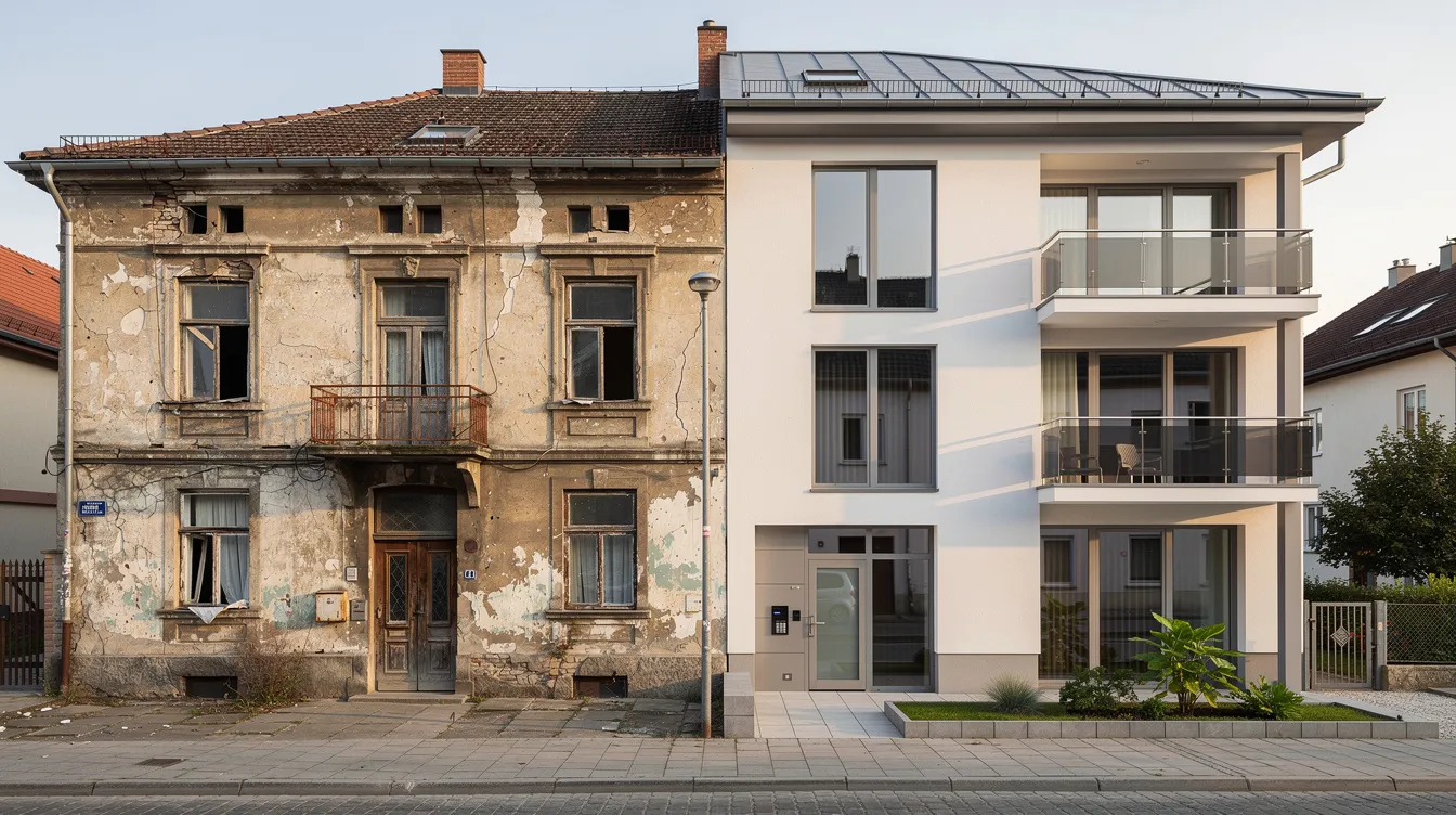 Das Bild zeigt zwei nebeneinander stehende Häuser: auf der linken Seite ein unsanierter Altbau mit abblätternder Fassade und auf der rechten Seite ein modern saniertes Wohnhaus mit einem frischen Anstrich und zeitgemäßer Architektur. Diese Gegenüberstellung verdeutlicht die Möglichkeiten der Gebäudesanierung und die Bedeutung von Energieberatung für Energieeinsparungen und Wertsteigerung von Immobilien.