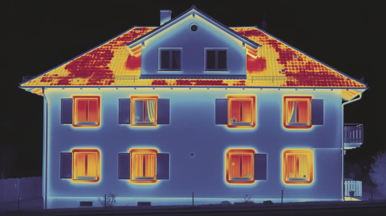 Die Thermografieaufnahme zeigt eine Hausfassade mit deutlich sichtbaren Wärmeverlusten an den Fenstern und dem Dach, was auf potenzielle Energieeinsparungen hinweist. Diese Analyse könnte Teil eines umfassenden Energiegutachtens sein, das von einem Energieberater oder Bausachverständigen erstellt wird, um Sanierungsmaßnahmen zu planen.