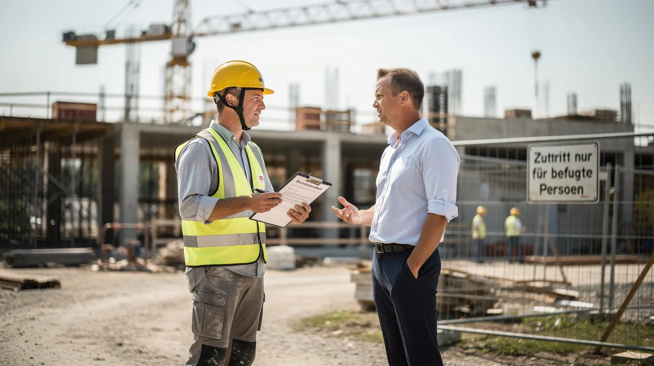 Zwei Personen stehen auf einer Baustelle im Gespräch, wobei eine Person einen Schutzhelm trägt und ein Klemmbrett in der Hand hält. Diese Szene könnte einen Baugutachter oder Architekten zeigen, der wichtige Informationen über den Zustand der Immobilie und mögliche Sanierungsarbeiten bespricht.