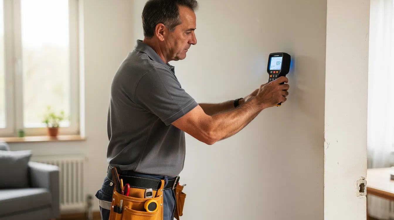 Ein Fachmann misst mit einem digitalen Messgerät die Feuchtigkeit an einer Innenwand, um mögliche Schäden und Sanierungsmaßnahmen zu beurteilen. Diese Expertise ist Teil der Energieberatung und kann helfen, die Qualität und Sicherheit von Wohngebäuden zu gewährleisten.