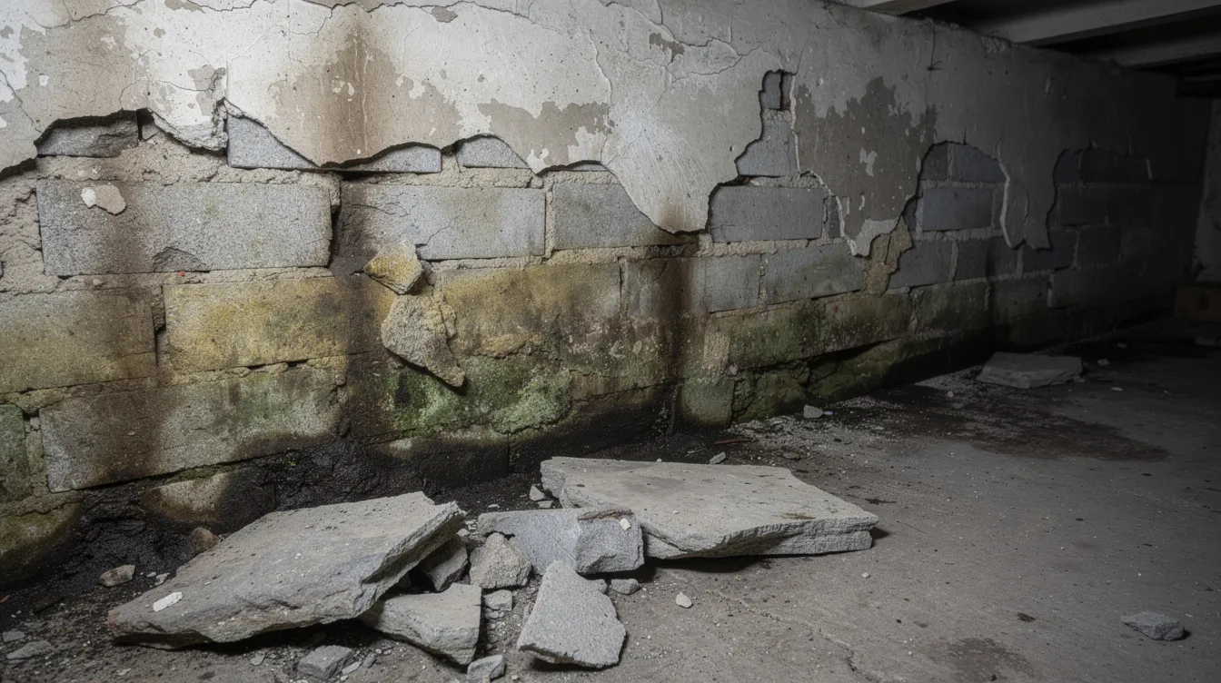 Das Bild zeigt eine Kellerwand mit deutlichen Feuchtigkeitsschäden und abblätterndem Putz, was auf mögliche Mängel in der Bausubstanz hinweist. Eine Prüfung durch einen Immobiliengutachter ist beim Hauskauf wichtig, um unerwartete Folgekosten zu vermeiden.