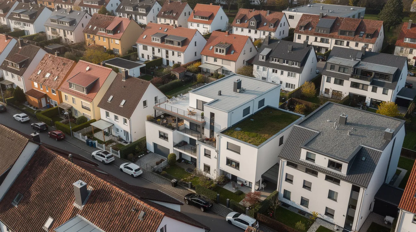 Die Luftaufnahme zeigt verschiedene Dachtypen in einer deutschen Siedlung, darunter Steildächer und Flachdächer, die die Vielfalt der Dachkonstruktionen und deren mögliche Bauwerksabdichtungen verdeutlichen. Diese Perspektive ermöglicht eine Einschätzung von potenziellen Dachschäden und der Ausführungsqualität im Dachdeckerhandwerk.
