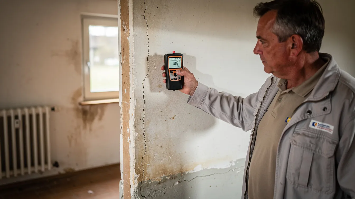 Ein Sachverständiger misst mit einem Messgerät die Feuchtigkeit an einer Hauswand, um den Zustand der Immobilie zu überprüfen. Diese Prüfung ist wichtig beim Hauskauf, um potenzielle Mängel und Folgekosten frühzeitig zu erkennen.