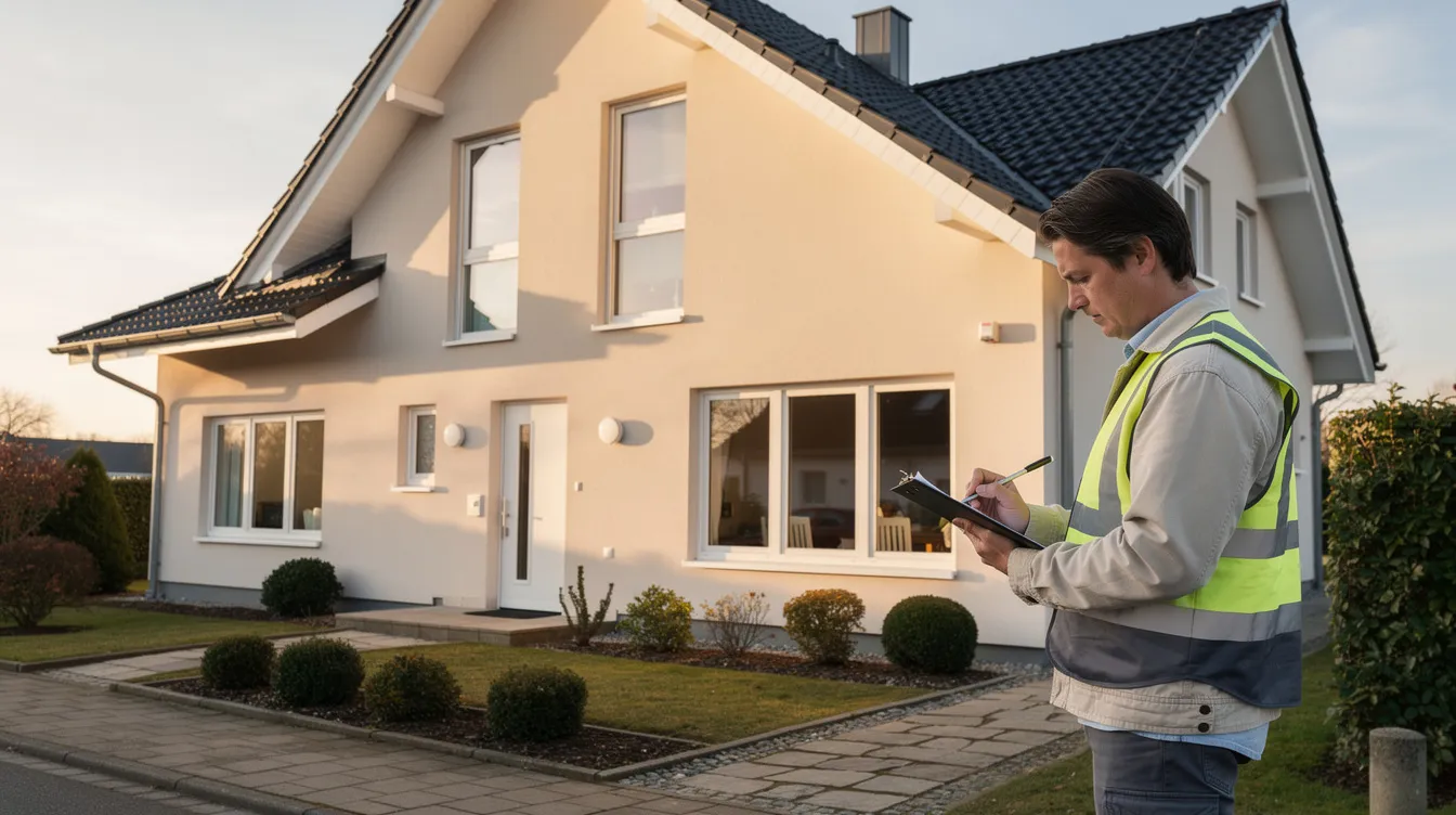 Ein Gutachter inspiziert die Außenfassade eines Einfamilienhauses mit einem Klemmbrett in der Hand, um den Zustand der Immobilie vor einem möglichen Hauskauf zu bewerten. Diese Prüfung ist wichtig, um Mängel und Folgekosten zu identifizieren und eine informierte Entscheidung beim Immobilienkauf zu treffen.