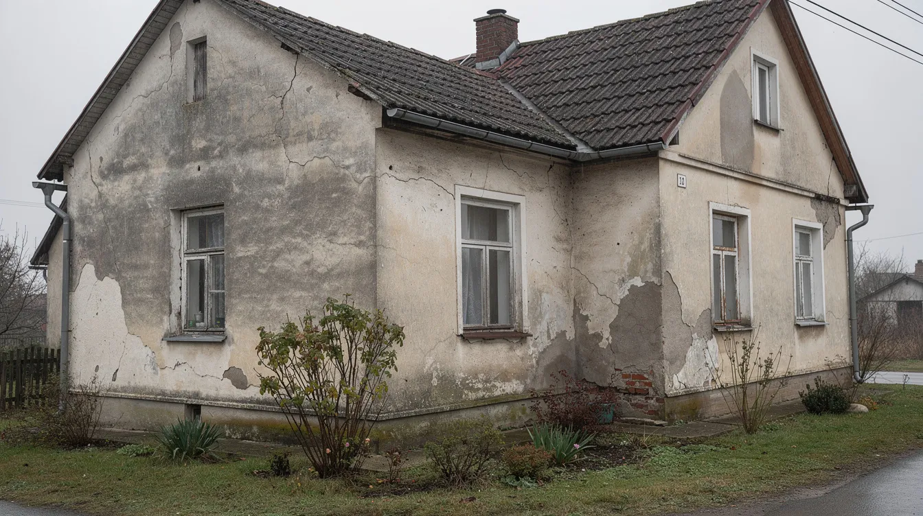 Das Bild zeigt ein Einfamilienhaus mit einer sanierungsbedürftigen Putzfassade, die sichtbare Verfärbungen und Schäden aufweist. Die Fassade könnte auf Bauschäden hinweisen, die eine Begutachtung durch einen Bausachverständigen erfordern, um die Ursachen und möglichen Sanierungskosten zu bewerten.