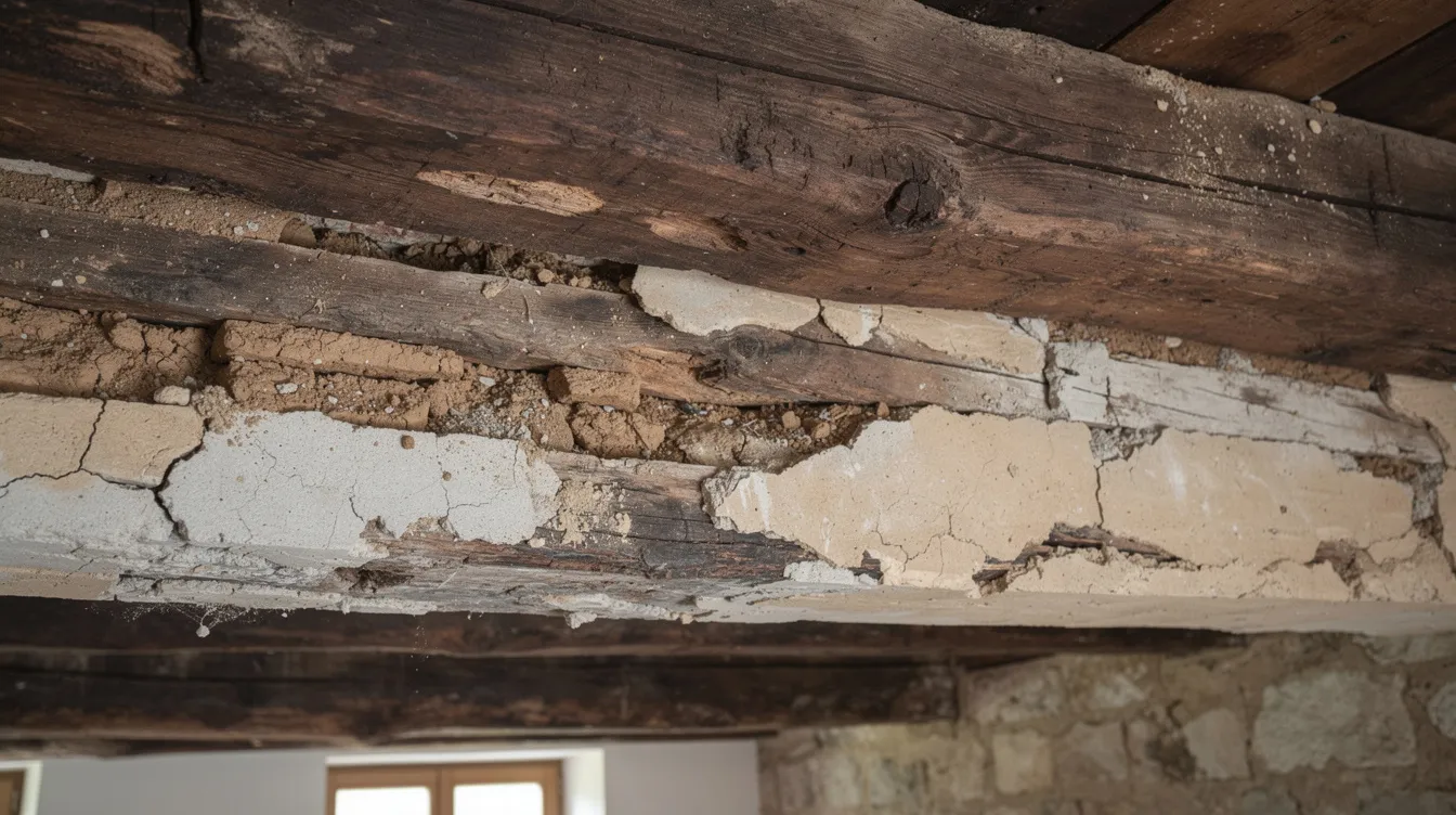 Die Nahaufnahme zeigt eine historische Holzbalkendecke, deren Lehm- und Kalkputzschichten teilweise beschädigt sind. Diese Details sind wichtig für die Bewertung der Denkmalwürdigkeit und den Erhalt im Rahmen der Denkmalpflege.