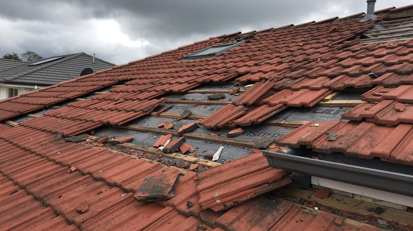 Das Bild zeigt ein beschädigtes Ziegeldach nach einem Sturm, bei dem mehrere Dachziegel fehlen oder verschoben sind. Ein Sachverständiger für Dachschäden könnte hier die Ursachen und das Ausmaß der Schäden begutachten, um geeignete Maßnahmen zur Sanierung zu empfehlen.