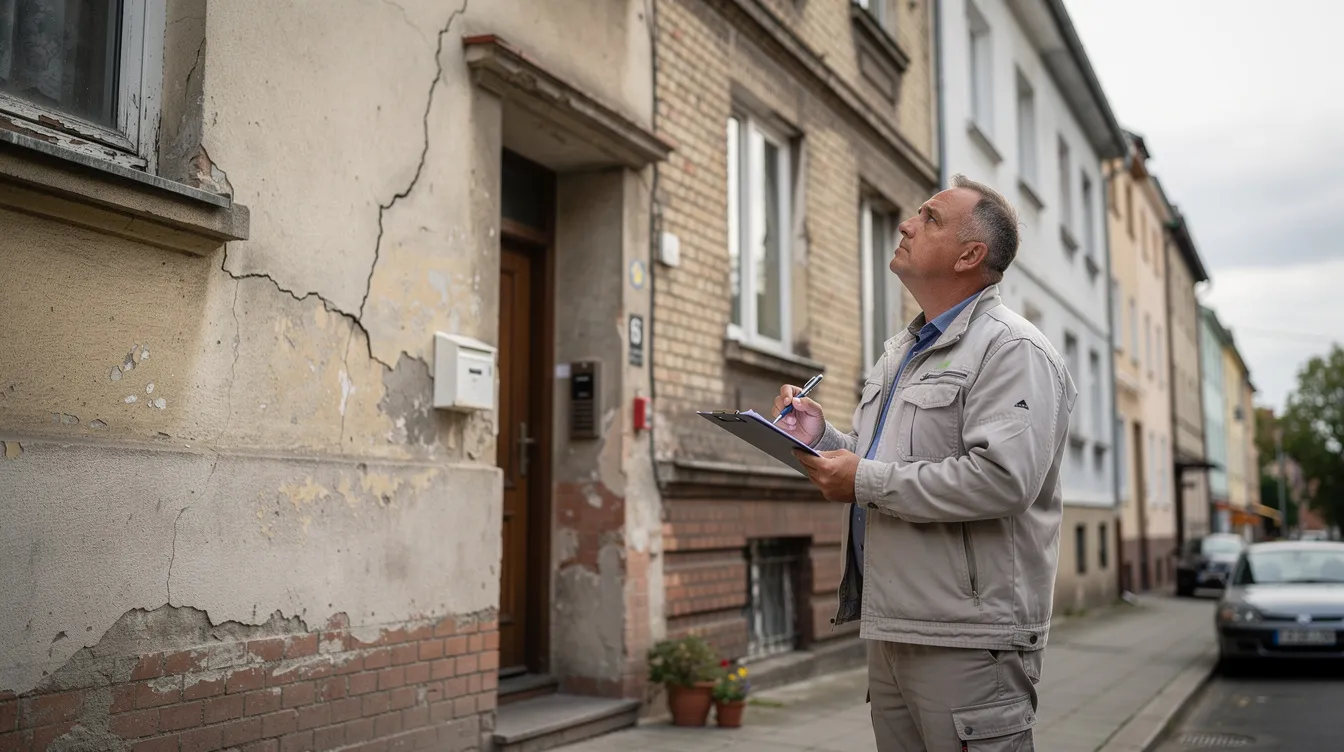 Ein Fachmann mit Klemmbrett inspiziert die Außenfassade eines älteren Wohnhauses und bewertet den Zustand der Bausubstanz. Diese Überprüfung ist wichtig für die Hauskaufberatung und kann auf mögliche Sanierungsarbeiten hinweisen.
