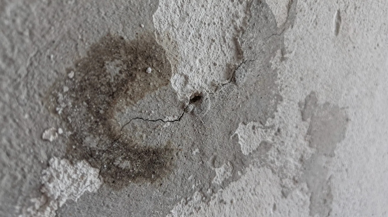 Die Nahaufnahme zeigt Feuchtigkeitsflecken und einen kleinen Riss an einer verputzten Innenwand, was auf mögliche Bauschäden hinweist. Eine Begutachtung durch einen erfahrenen Bausachverständigen könnte sinnvoll sein, um die Ursachen und den Sanierungsbedarf zu ermitteln.