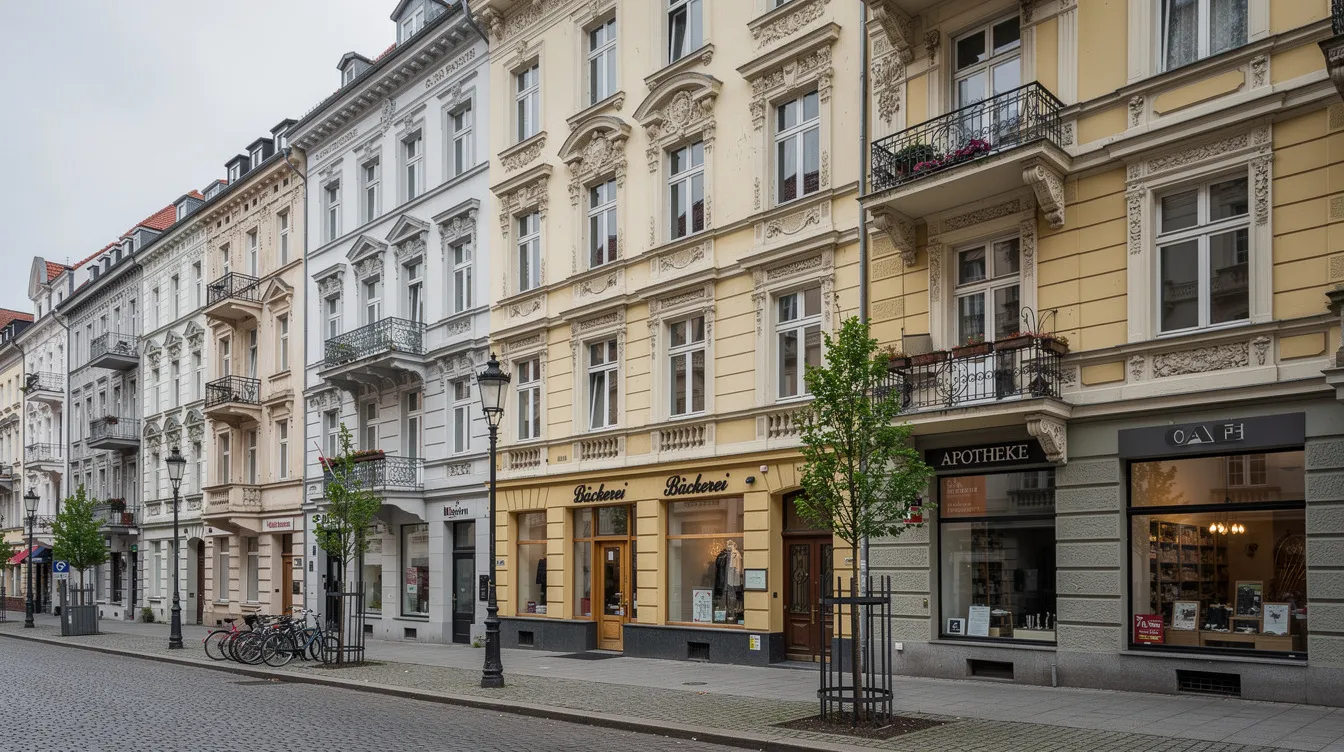 Die Straßenansicht zeigt eine Reihe typischer deutscher Altbauhäuser mit prächtigen Gründerzeit-Fassaden, die durch ihre detaillierte Architektur und ornamentalen Elemente bestechen. Diese Immobilien sind oft Gegenstand von Gutachten durch Baugutachter, die den Zustand und mögliche Sanierungsarbeiten bewerten.