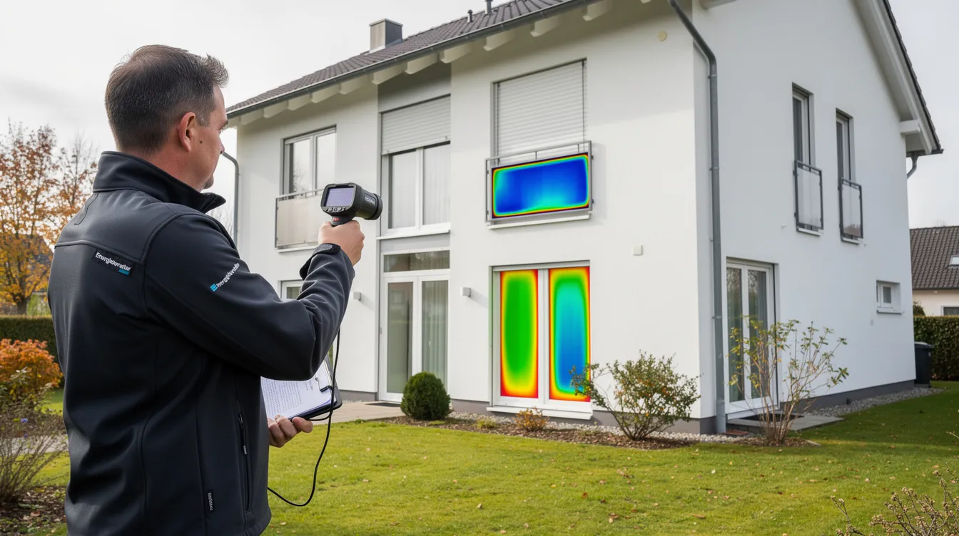 Ein Energieberater inspiziert die Fassade eines Einfamilienhauses mit einer Wärmebildkamera, um potenzielle Energieeinsparungen und Bauschäden zu identifizieren. Diese Maßnahme ist Teil der Energieberatung zur Erstellung eines Energiegutachtens für die Wohnimmobilie.
