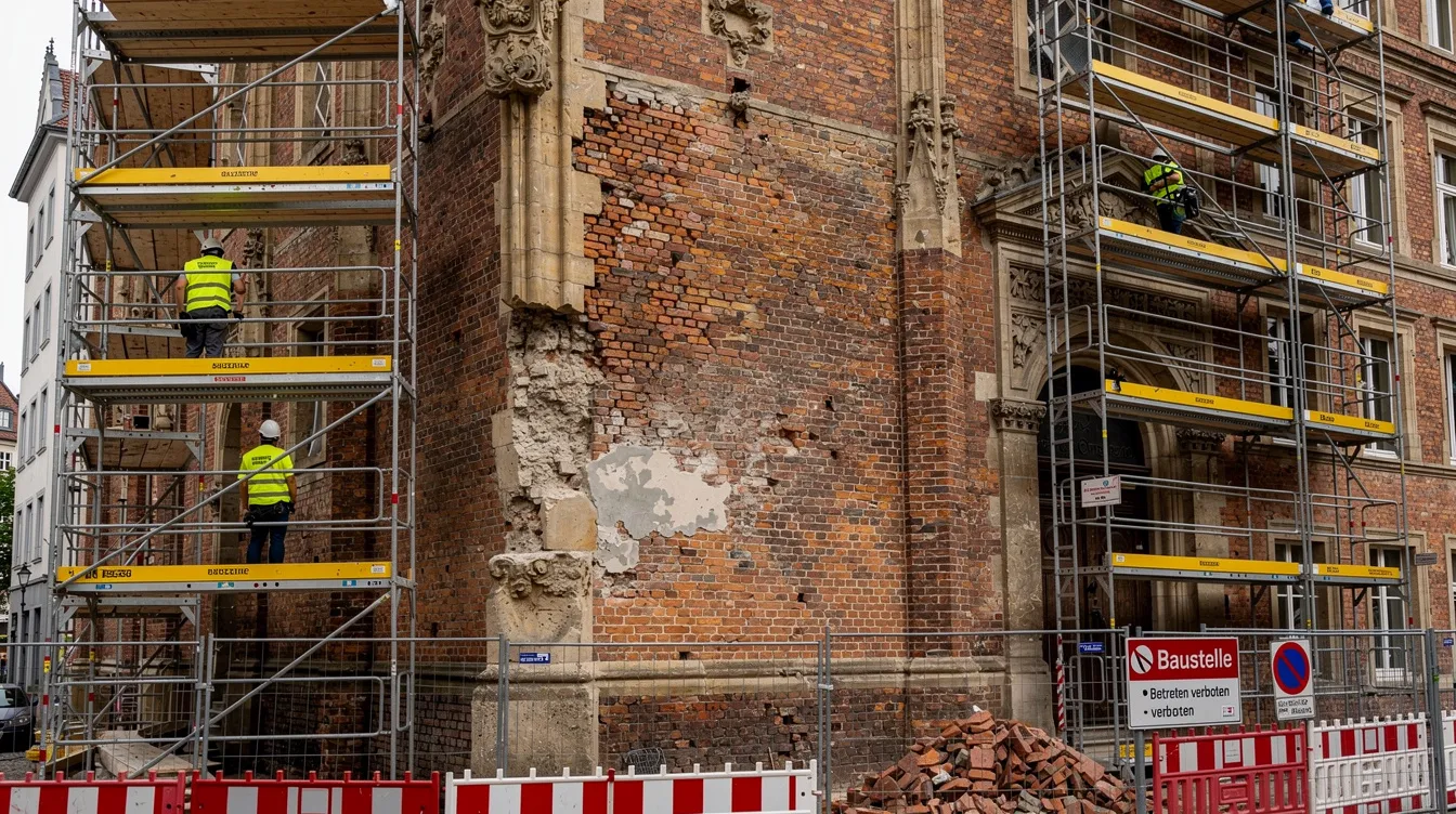 Die Baustelle an einem historischen Gebäude zeigt eine auffällige Mischung aus einer alten Ziegelmauer und modernen Baugerüsten, die auf die Herausforderungen der Denkmalpflege hinweist. Fachleute arbeiten hier an der Sanierung, um die Denkmalwürdigkeit des Objekts zu erhalten und den Zustand der Bausubstanz zu bewerten.