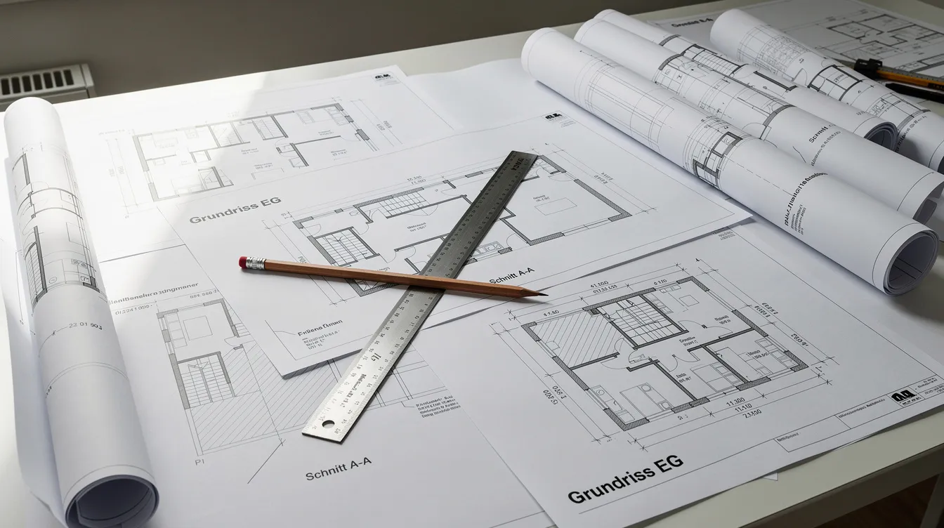 Auf einem großen Schreibtisch liegen Architekturpläne und technische Zeichnungen, umgeben von einem Lineal und einem Bleistift, die für Architekten und Baugutachter wichtige Werkzeuge darstellen. Diese Materialien sind essenziell für die Planung und Bewertung von Immobilien, insbesondere bei Hauskaufberatungen und der Analyse von Bauschäden.