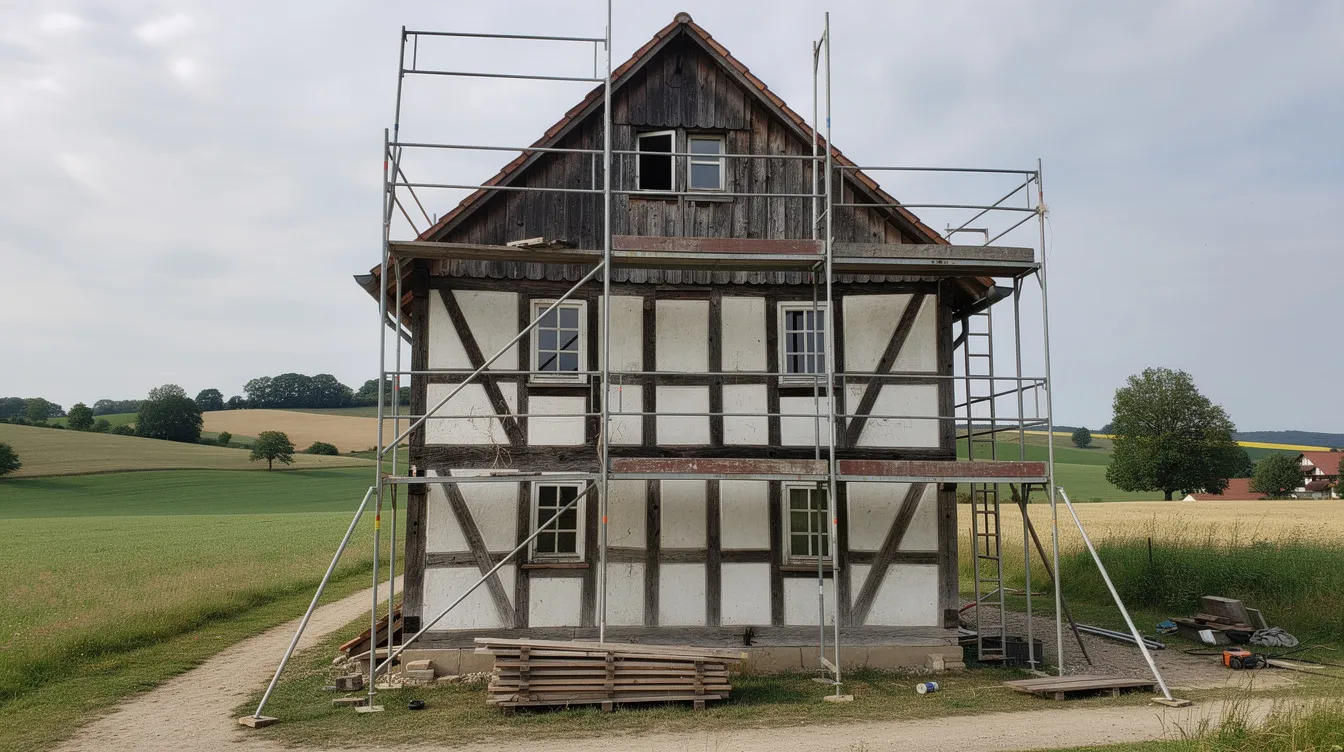 Das Bild zeigt ein historisches Fachwerkhaus, das von einem Baugerüst umgeben ist, wodurch die sichtbare Holzkonstruktion hervorgehoben wird. Diese ländliche Umgebung verdeutlicht die Denkmalwürdigkeit des Gebäudes, welches möglicherweise unter den Vorgaben des Denkmalschutzes saniert wird.