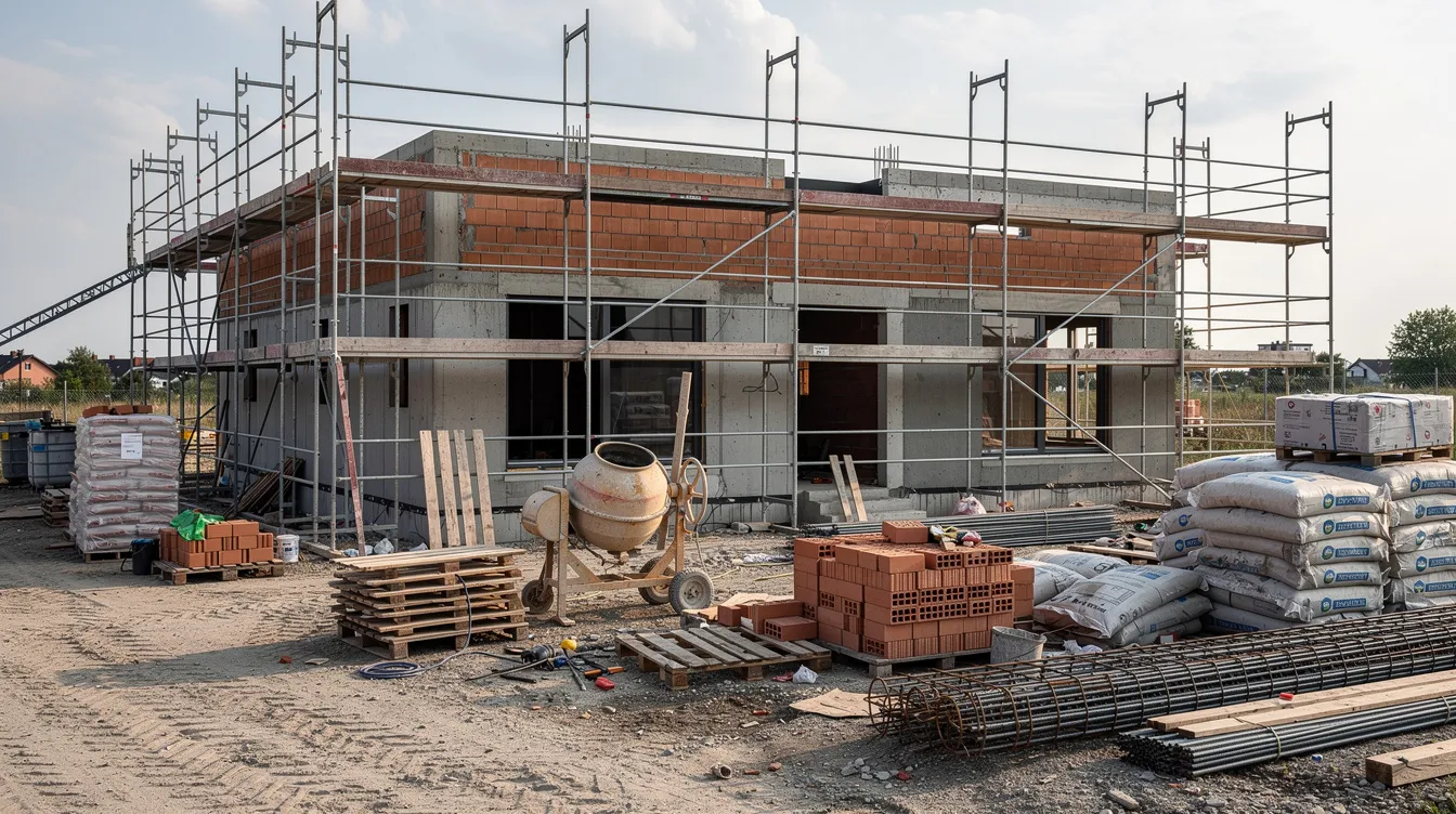 Das Bild zeigt eine Baustelle mit dem Rohbau eines Einfamilienhauses, umgeben von einem Baugerüst und verschiedenen Baumaterialien im Vordergrund. Diese Szene illustriert den aktuellen Stand des Neubaus, der von Bausachverständigen hinsichtlich der Bausubstanz und möglicher Baumängel begutachtet werden könnte.