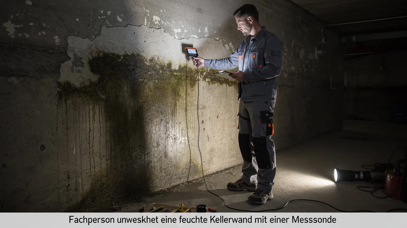 Ein Fachmann, der als Baugutachter tätig ist, untersucht eine feuchte Kellerwand mit einer Messsonde, um den Zustand der Bausubstanz zu bewerten. Diese Analyse ist wichtig für die Hauskaufberatung und zur Feststellung möglicher Sanierungsbedarfe.