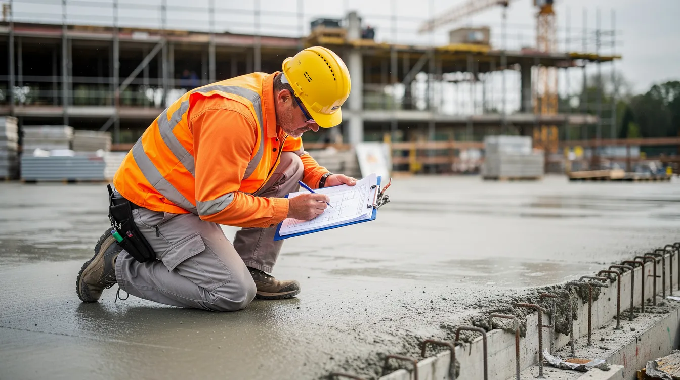 Ein Bausachverständiger mit Schutzhelm inspiziert sorgfältig eine Betonbodenplatte auf einer Baustelle, um mögliche Baumängel und Bauschäden zu identifizieren. Diese Begutachtung ist Teil der Bauabnahme, um die Qualität der Bausubstanz zu gewährleisten.