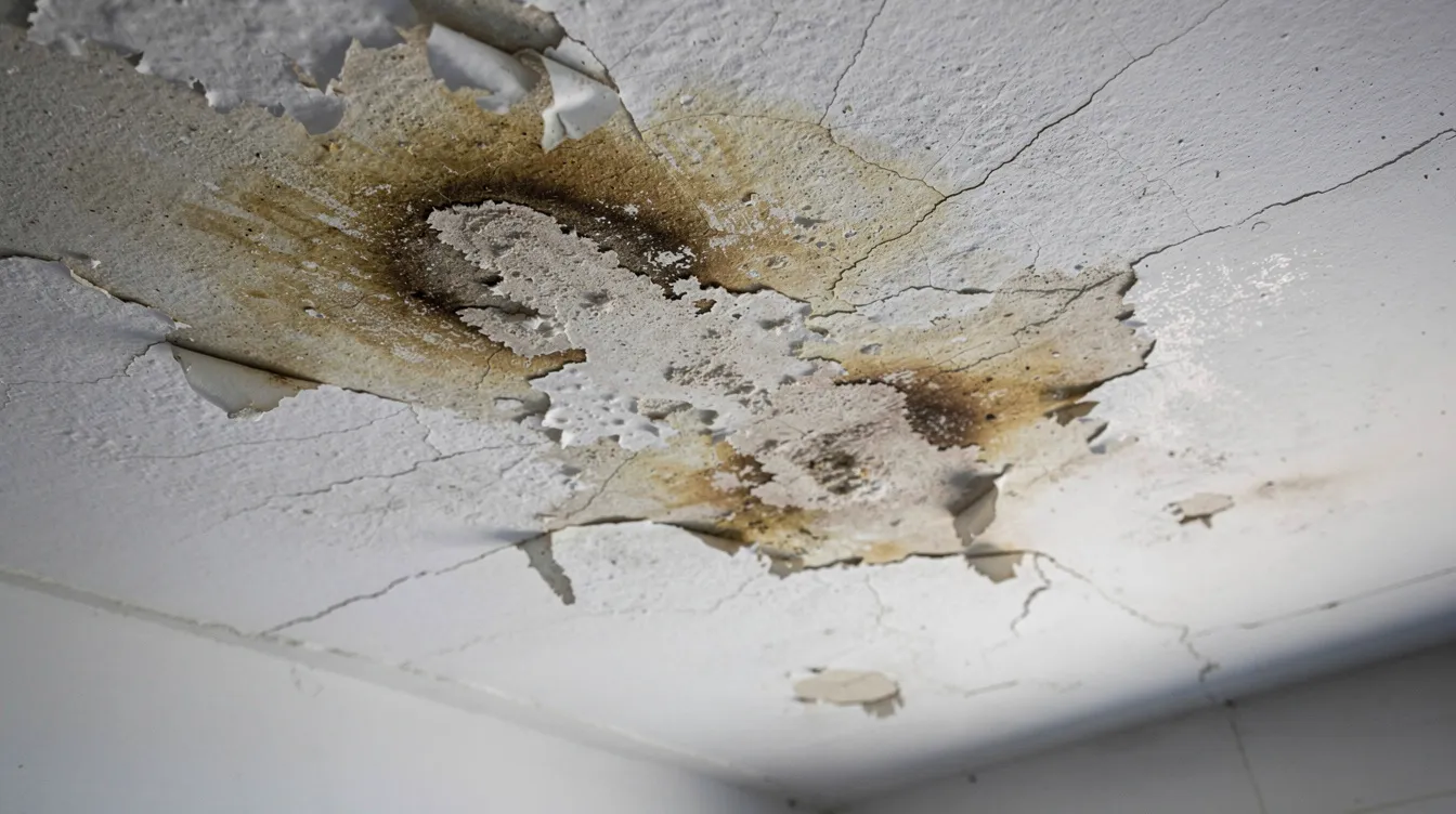 Die Nahaufnahme zeigt Wasserschäden an einer Zimmerdecke, gekennzeichnet durch Feuchteflecken und abblätternde Farbe, die auf mögliche Bauschäden hinweisen. Ein sachverständiger Gutachter könnte hier die Ursachen und die erforderlichen Sanierungsmaßnahmen bewerten.