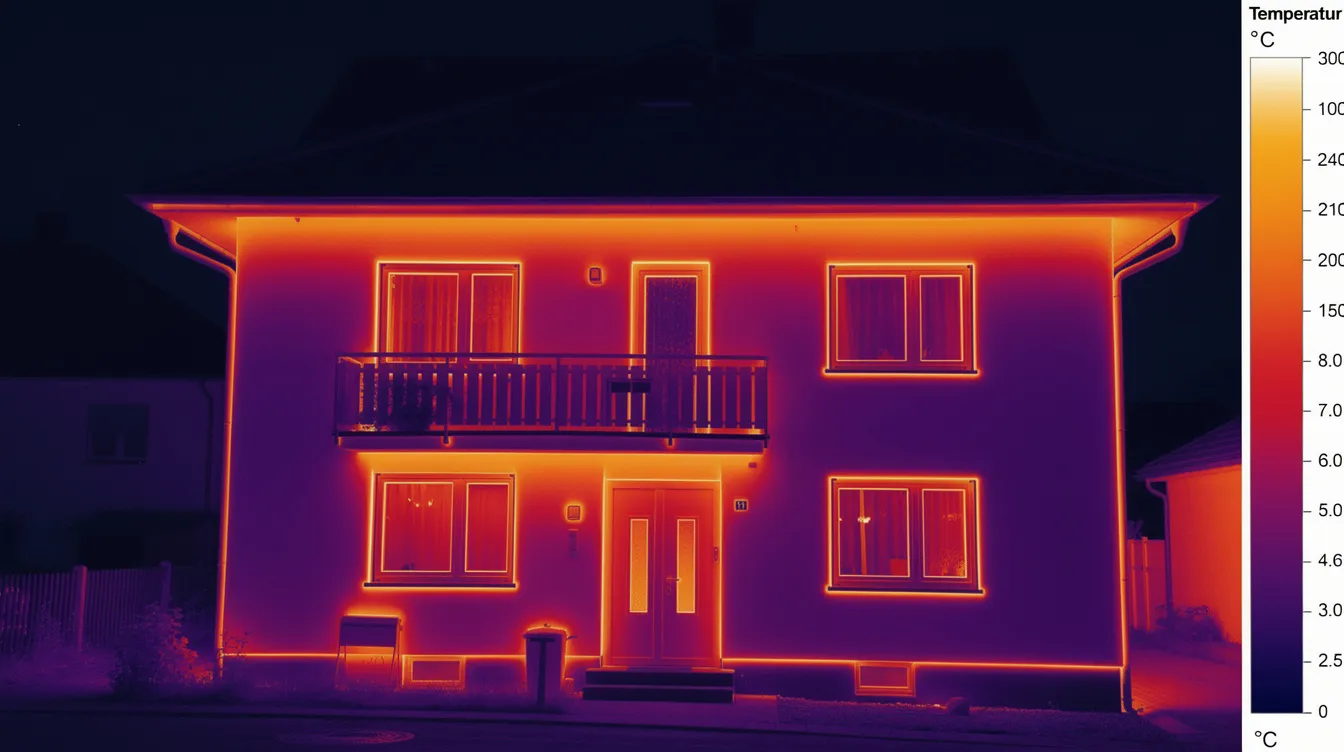 Die Thermografieaufnahme zeigt eine Hausfassade, auf der deutlich sichtbare Wärmebrücken in Blau und Rot zu erkennen sind. Diese Farben deuten auf mögliche Feuchtigkeitsschäden und Gebäudeschäden hin, die eine Analyse durch einen Gutachter für Feuchtigkeit erfordern könnten.