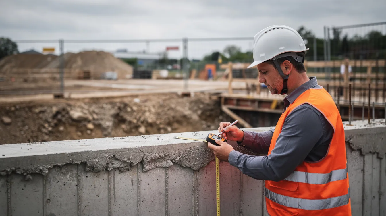 Ein Ingenieur mit einem Helm steht an einer freigelegten Fundamentkante und nutzt ein Messgerät während eines Ortstermins zur Beurteilung der Bausubstanz. Diese Situation könnte Teil einer Begutachtung sein, um mögliche Baumängel oder Bauschäden zu identifizieren und eine fundierte Beratung zu bieten.