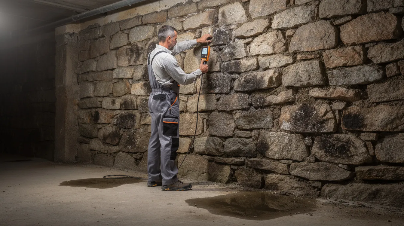 Ein Fachmann, ausgestattet mit einem Messgerät, untersucht eine feuchte Kellerwand aus Naturstein, um mögliche Ursachen von Feuchtigkeitsschäden und Schimmelbefall zu analysieren. Diese Begutachtung dient der Bewertung der Gebäudeschäden und der Planung von Sanierungsmaßnahmen.