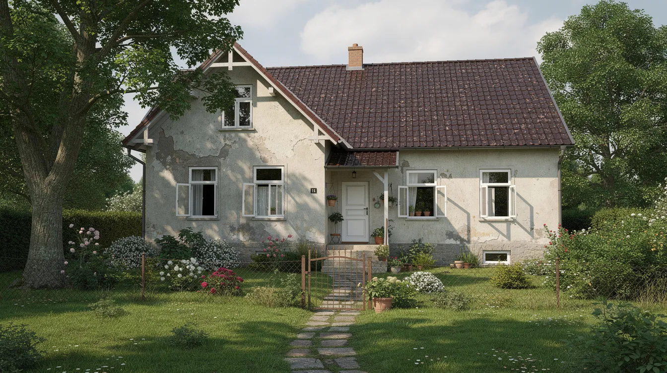 Das Bild zeigt ein älteres Einfamilienhaus mit einem gepflegten Garten, das von außen betrachtet wird. Diese Objektbesichtigung könnte im Rahmen eines Gutachtens durch einen Bausachverständigen stattfinden, um mögliche Baumängel oder Bauschäden zu beurteilen.