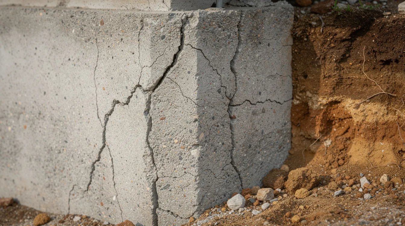 Die Nahaufnahme zeigt ein Wohnhausfundament mit deutlichen Rissen im Beton, umgeben von verschiedenen Erdschichten, was auf mögliche Baumängel und Bauschäden hinweist. Eine solche Beurteilung könnte von einem Bausachverständigen hilfreich sein, um die Bausubstanz und die Ursachen der Schäden zu bewerten.