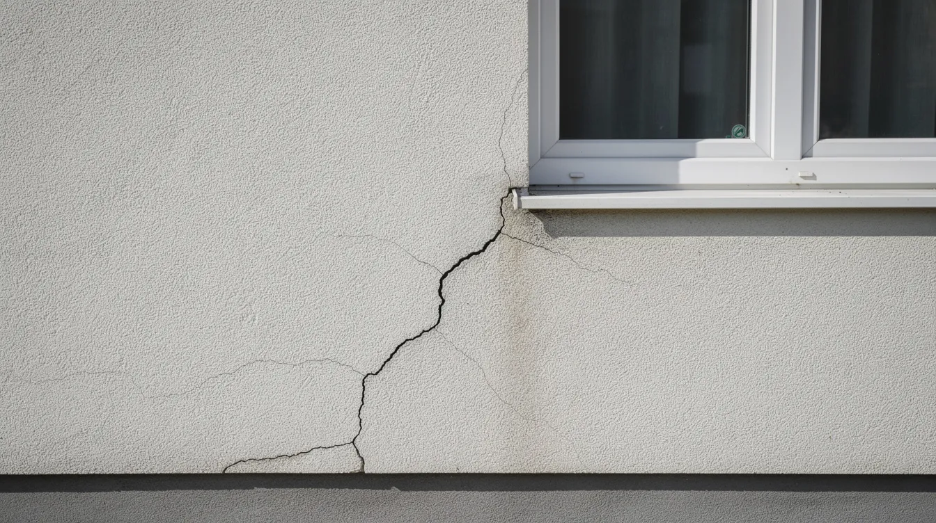 Das Bild zeigt Setzungsrisse an einer Hauswand, die diagonal von einer Fensterecke verlaufen und auf mögliche Bauschäden hinweisen. Diese Risse können auf Mängel in der Bausubstanz oder auf unzureichende Fundamentierung hindeuten, was eine Begutachtung durch einen Bausachverständigen erforderlich machen könnte.