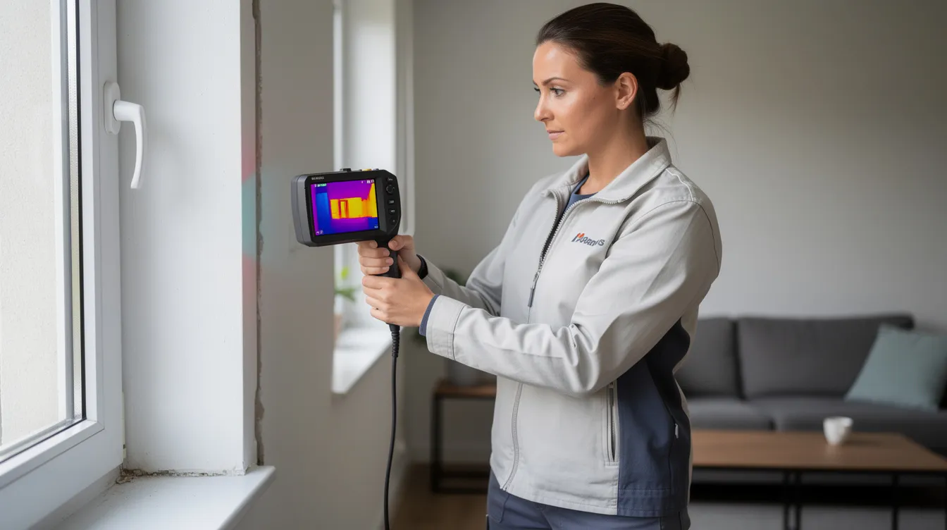 Eine Gutachterin mit einer Thermografiekamera untersucht die Fensterlaibung in einem Wohnraum, um mögliche Feuchtigkeitsschäden und deren Ursachen zu analysieren. Diese Begutachtung dient der Erkennung von Schimmelbefall und anderen Gebäudeschäden, die die Gesundheit der Bewohner gefährden könnten.